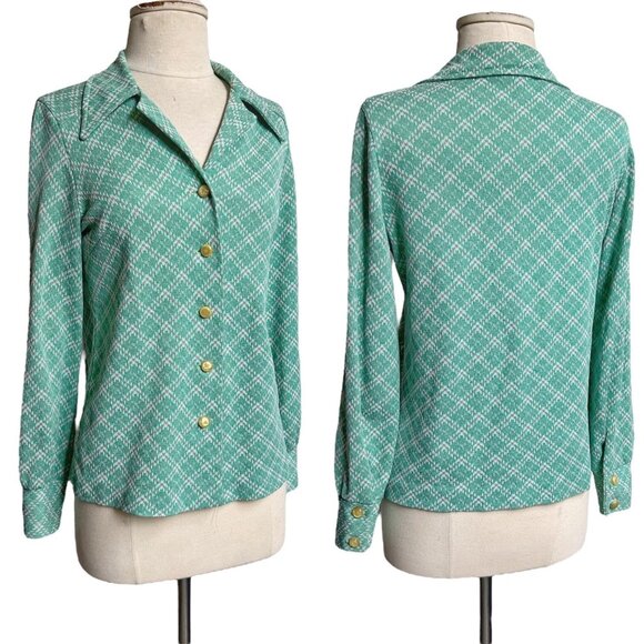 70s vintage plaid pointed collar blouse green notched dagger long sleeve button. - Picture 5 of 7